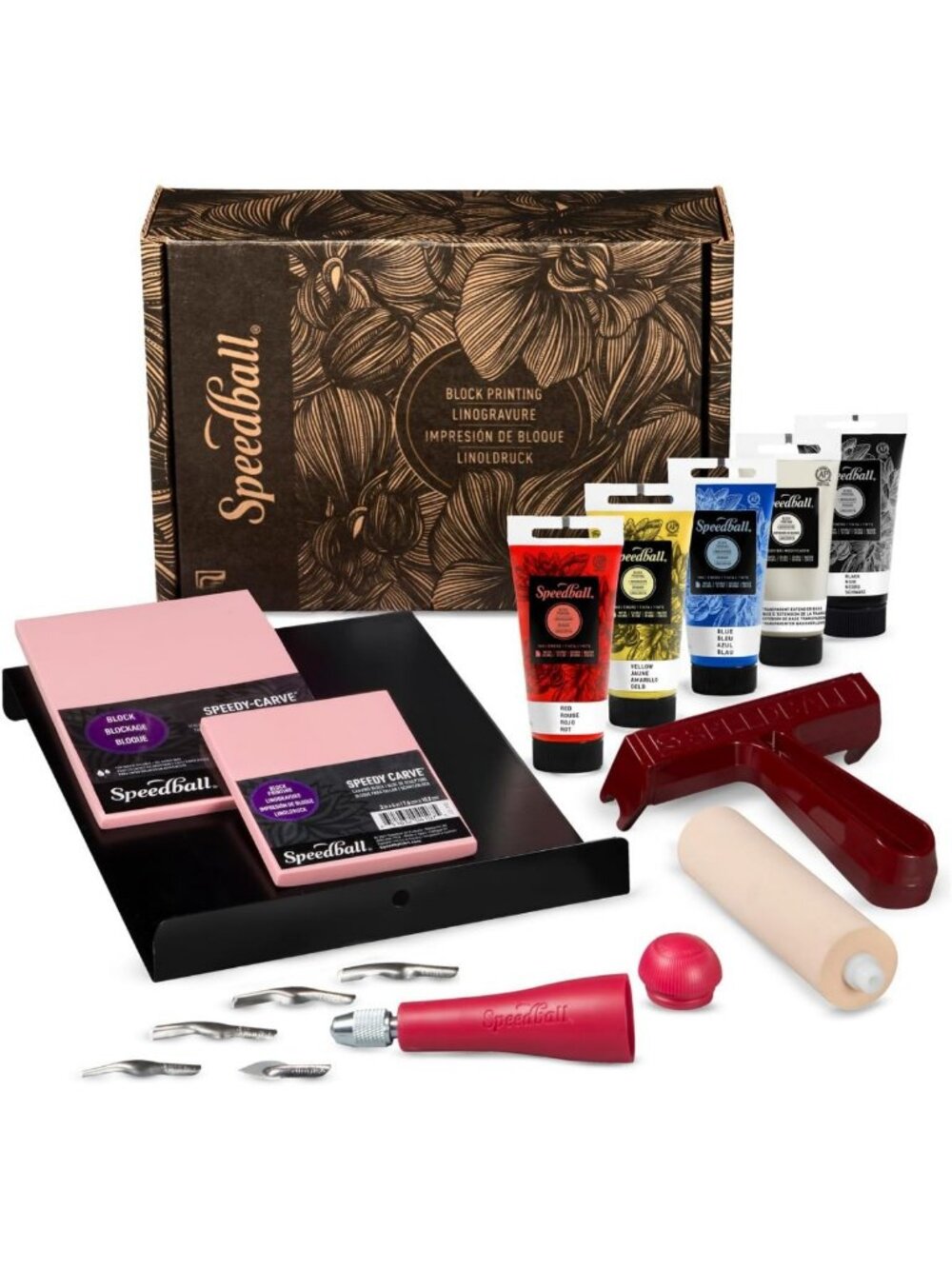 Deluxe Block Printing Kit - Inks, Brayer, Lino Handle, Cutters & Speedy-Carve